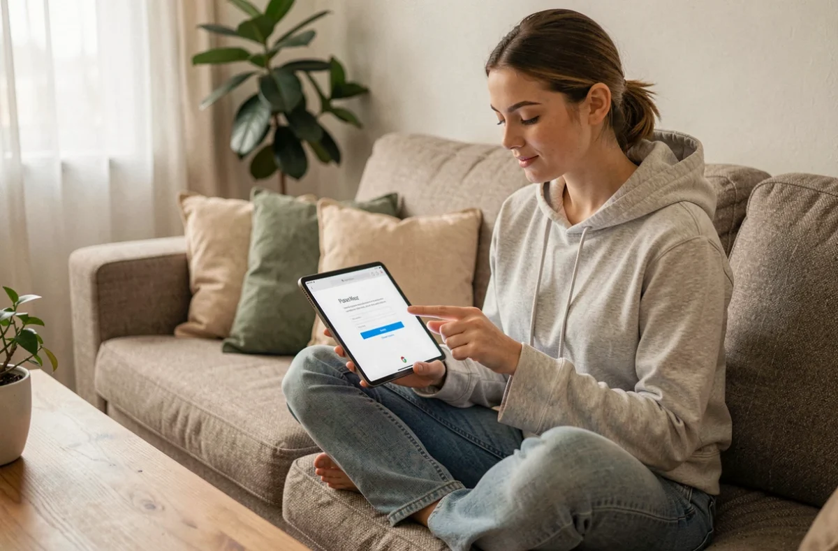 Jeune femme accédant au webmail de Créteil depuis une tablette à domicile dans un salon confortable
