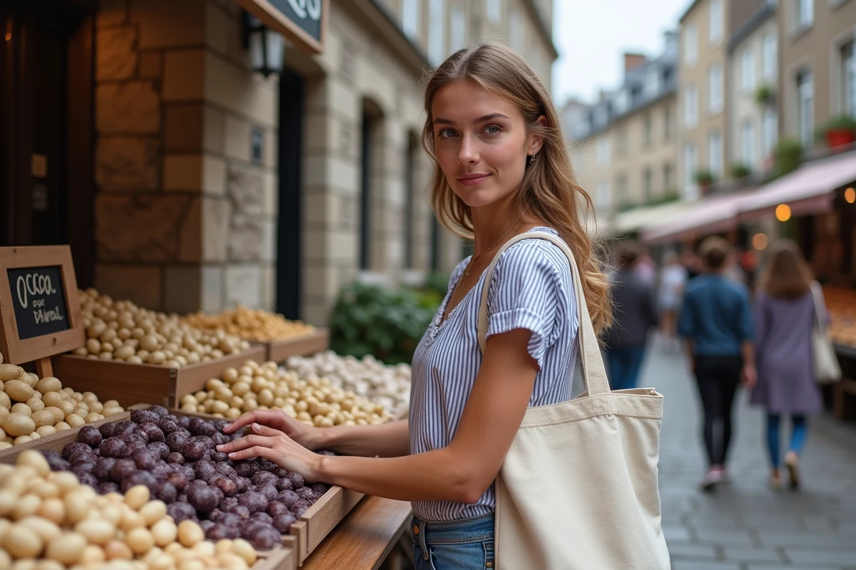 Jeune femme choisissant des haricots coco de Paimpol frais sur un marché en plein air dans une ville bretonne