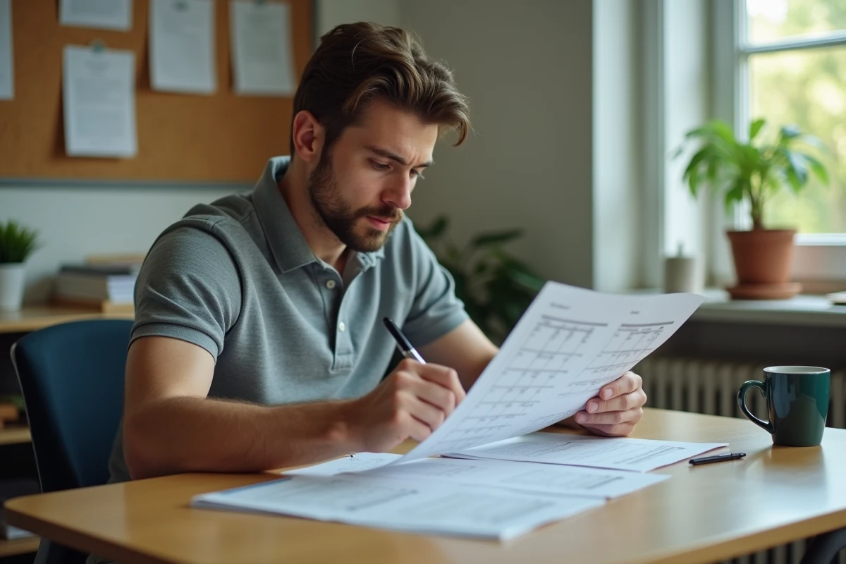 Assistant d'éducation consultant une grille salariale dans la salle des personnels d'une école