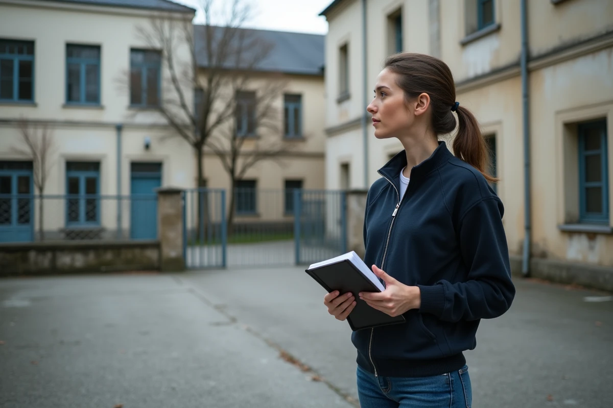Assistante d'éducation surveillant la cour de récréation d'un collège français