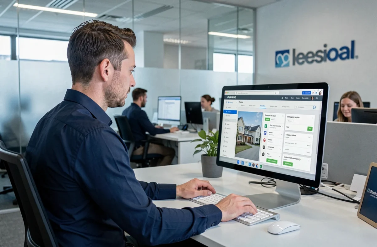 Agent immobilier accédant à un espace client en ligne depuis son agence professionnelle