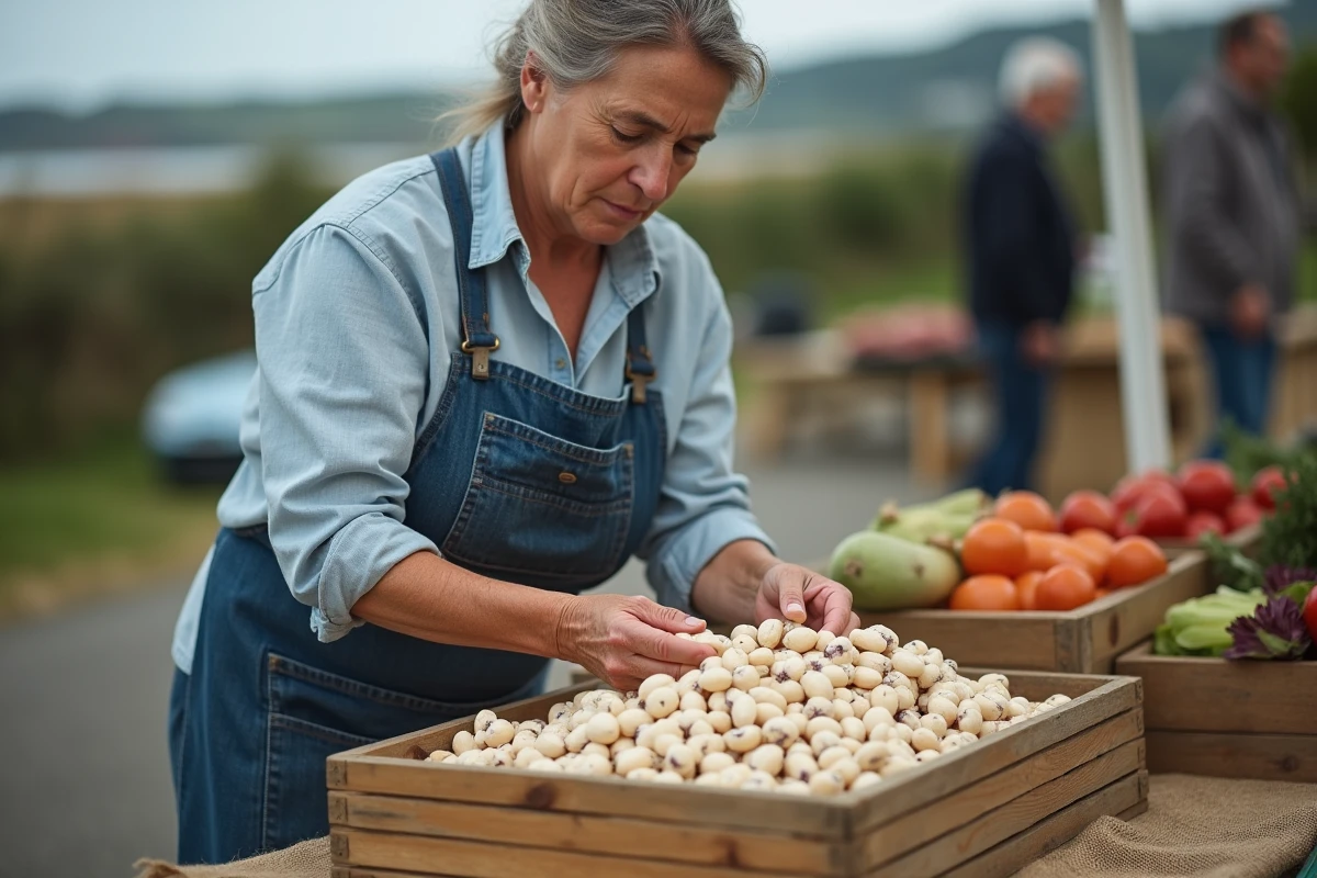 Agricultrice bretonne arrangeant des haricots coco de Paimpol frais dans une caisse en bois sur un marché local en plein air