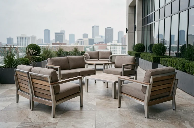 Terrasse professionnelle aménagée avec mobilier modulaire en teck et acier brossé sur carrelage grand format, vue en angle élevé sur fond de skyline urbain