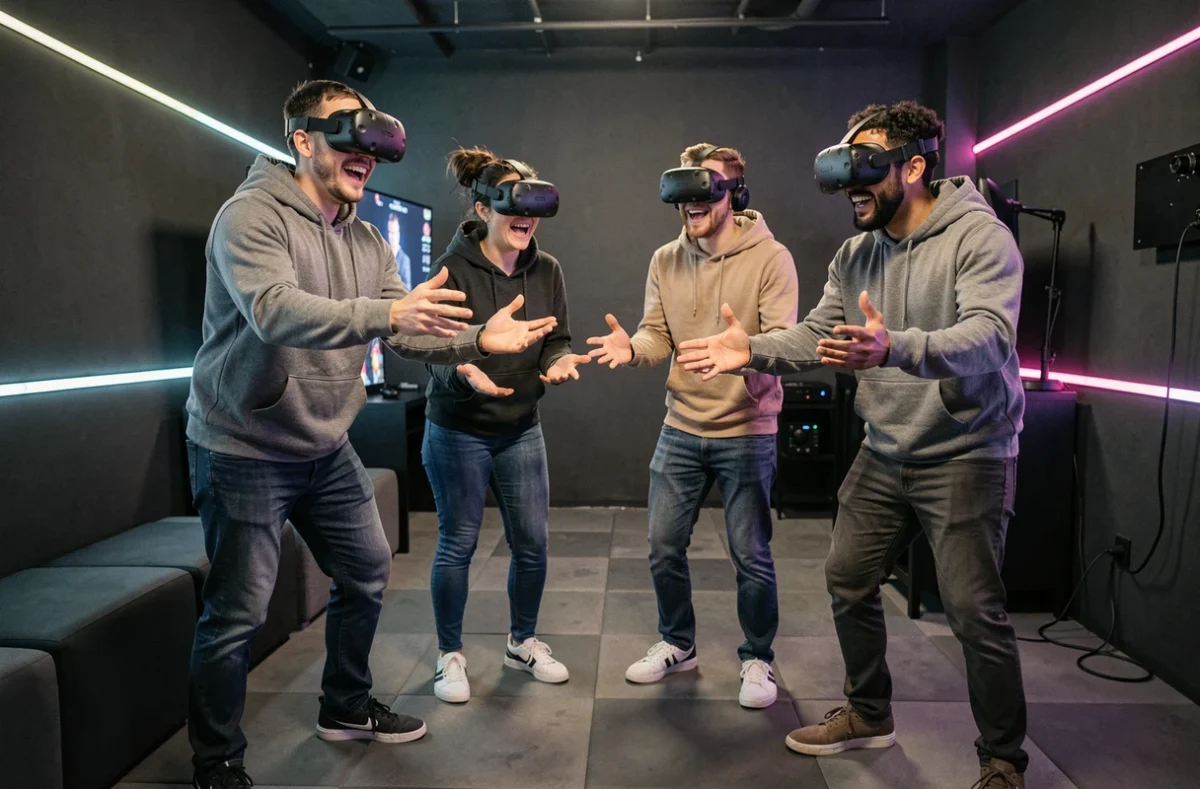 Groupe d'amis portant des casques VR lors d'une expérience immersive en salle de jeu virtuelle