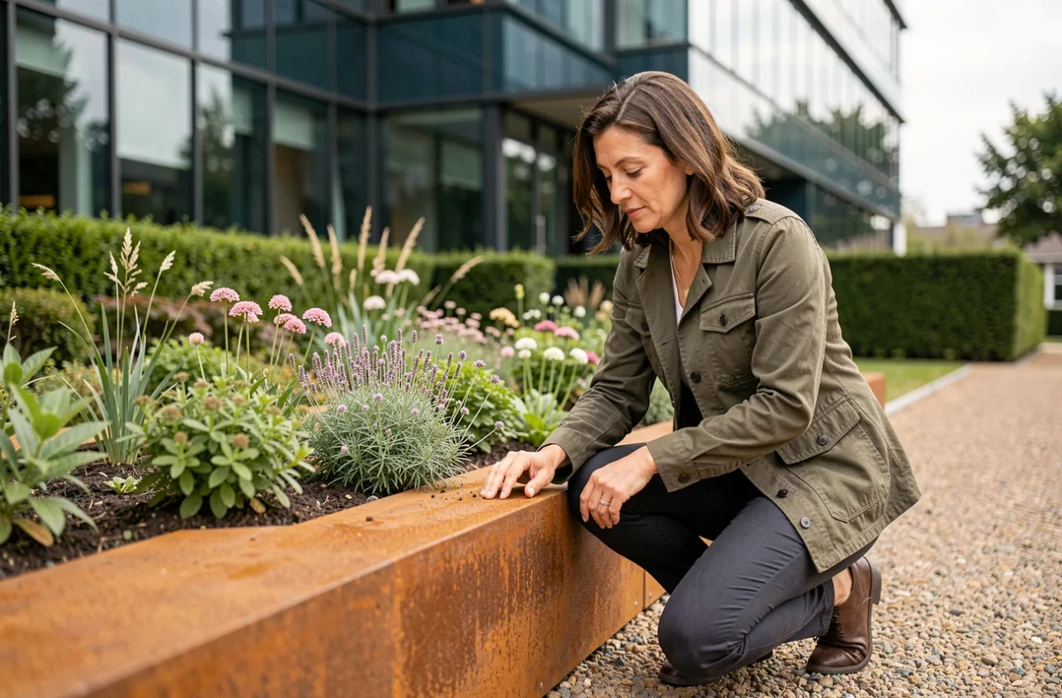 Architecte paysagiste en train d'inspecter une jardinière en acier Corten dans un espace extérieur professionnel aménagé près d'une façade vitrée