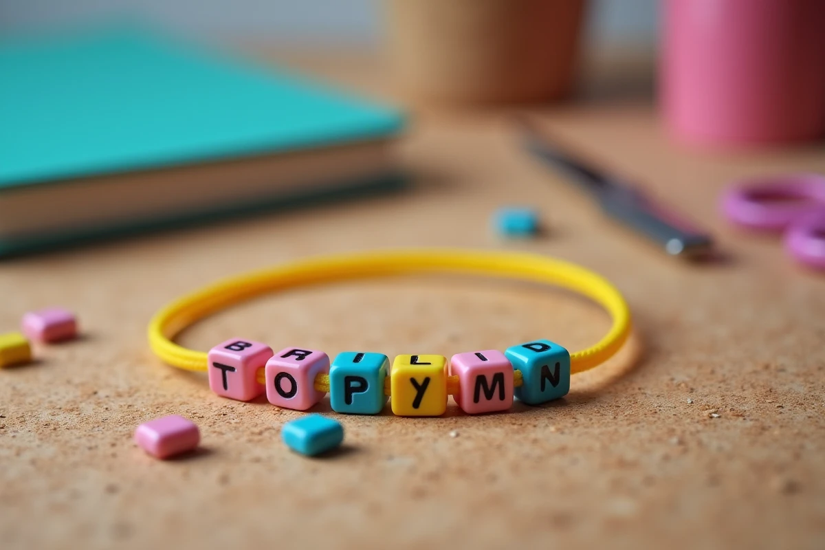 Bracelet de l'amitié avec perles lettres colorées épelant un prénom, posé sur un tableau en liège avec des perles éparpillées