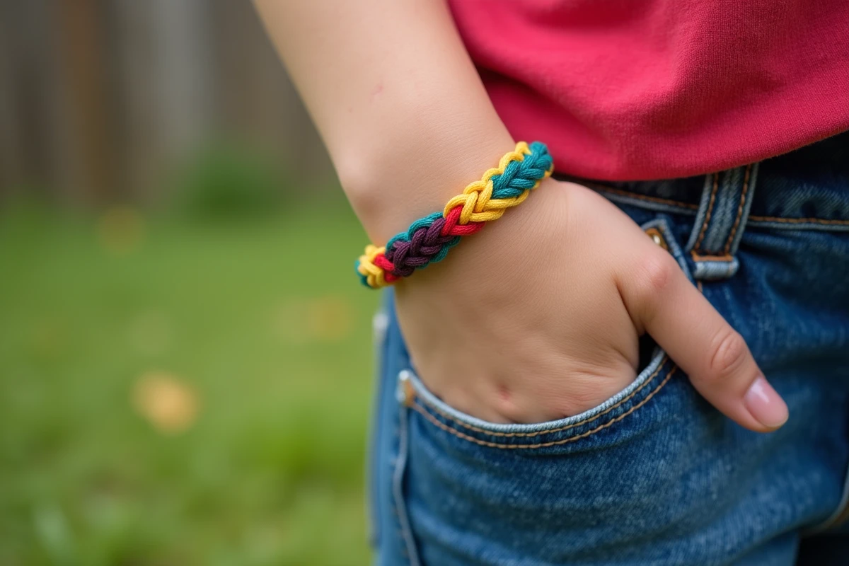 Bracelet brésilien à chevrons trois fils en fils de broderie jaune, sorcier et rouge porté au poignet d'une adolescente