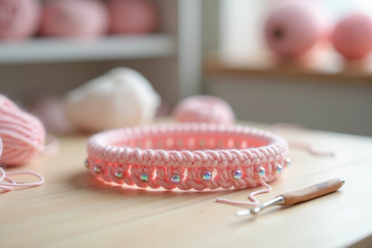 Bracelet en crochet coton rose pâle avec perles de rocaille iridescentes intégrées dans les mailles, présenté sur bois clair