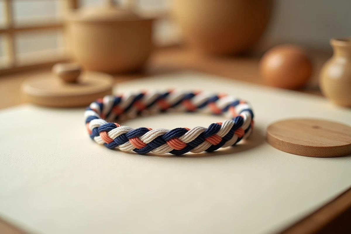 Bracelet kumihimo à huit fils en soie bleu marine, blanc, corail et doré avec son disque kumihimo posé sur papier washi