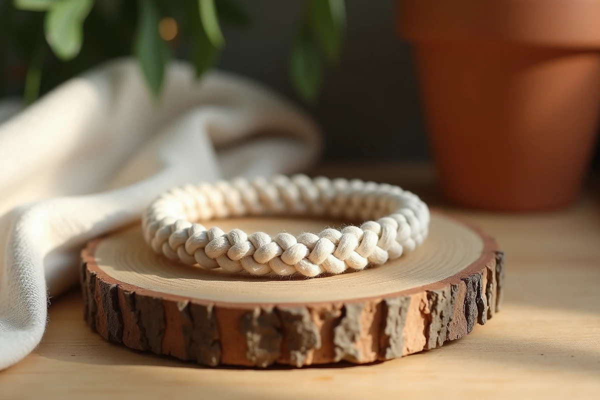 Bracelet macramé à nœuds plats en corde de coton naturel présenté sur un morceau de bois flotté sur table rustique