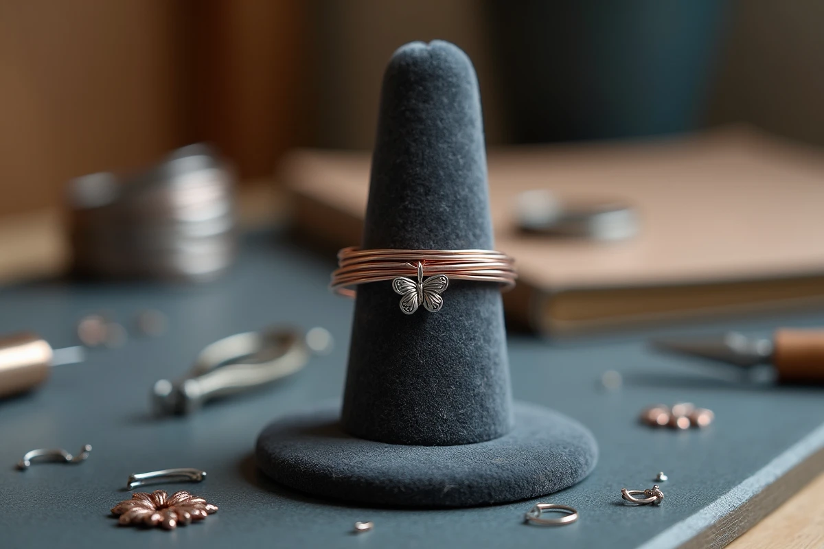 Bracelet manchette en fil de cuivre argenté enroulé avec une breloque papillon argent, présenté sur support velours gris