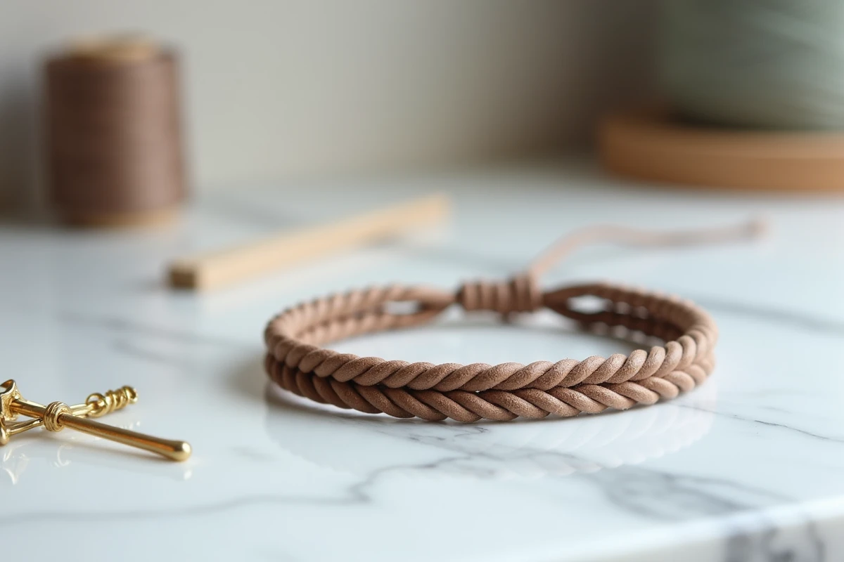 Bracelet tressé en cordons de cuir et chaîne dorée fine avec fermoir homard, posé sur marbre blanc