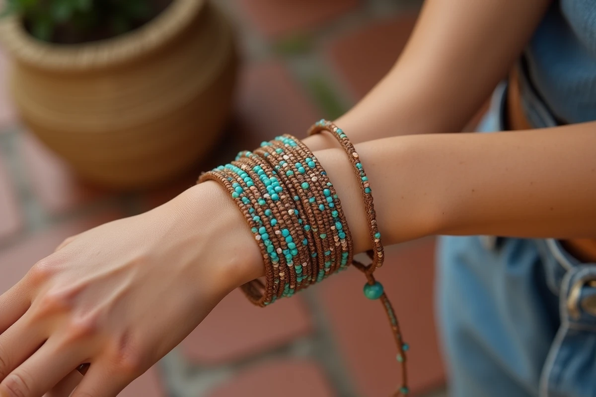 Bracelet wrap multi-tours en corde de lin ciré avec perles de rocaille turquoise et cuivre porté au poignet
