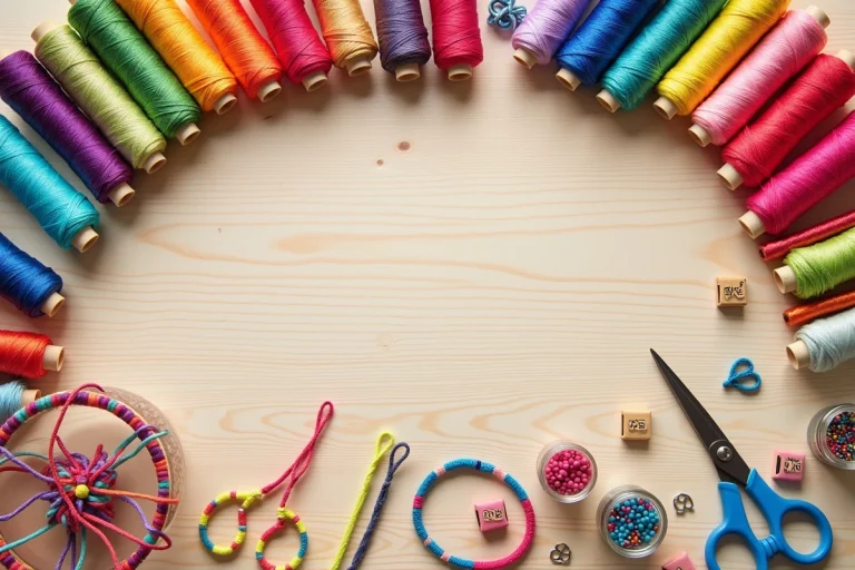 Vue à plat de matériaux colorés pour créer des bracelets DIY : fils, perles lettres, cordes macramé et breloques sur table en bois
