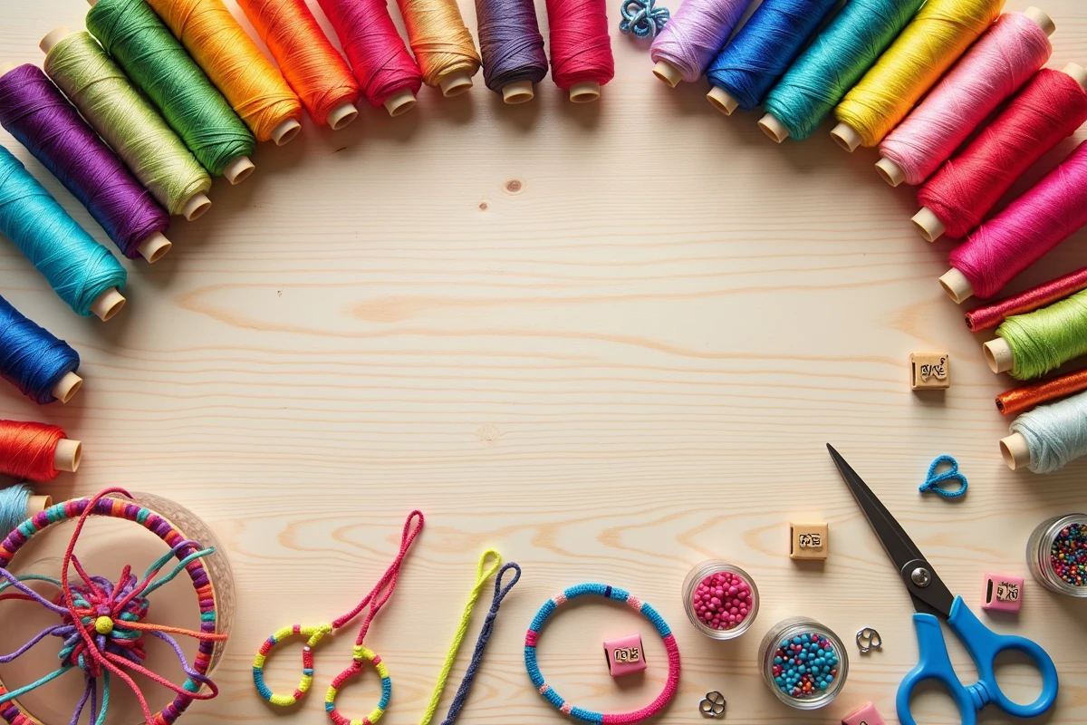 Vue à plat de matériaux colorés pour créer des bracelets DIY : fils, perles lettres, cordes macramé et breloques sur table en bois