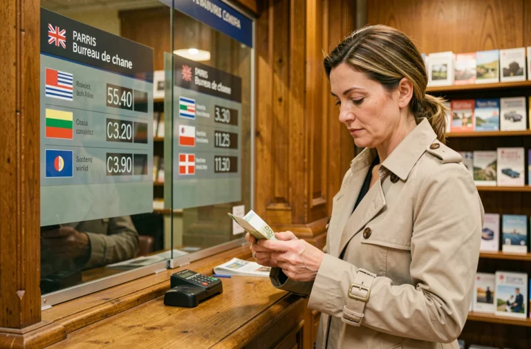 Femme changeant des billets en euros dans un bureau de change parisien avec affichage des taux de change