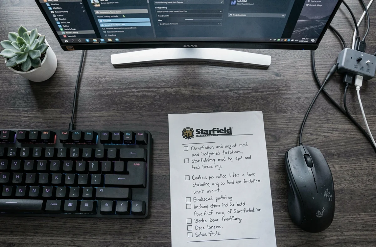 Vue aérienne d'un bureau gaming organisé avec des notes manuscrites sur l'installation de mods Starfield et un clavier mécanique