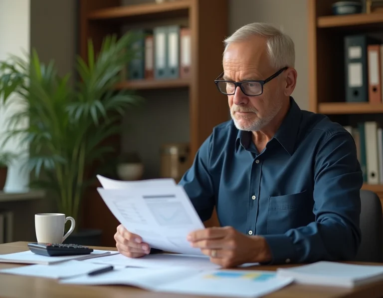 Un homme à la retraite calcule son solde de tout compte sur son bureau à domicile avec des documents financiers et une calculatrice