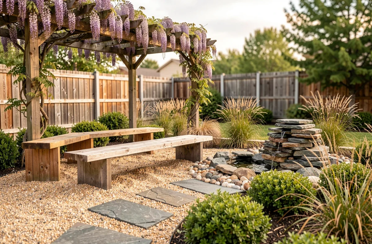 Coin jardin zen aménagé avec gravier, bancs en bois, plantes ornementales et fontaine en ardoise dans un jardin résidentiel