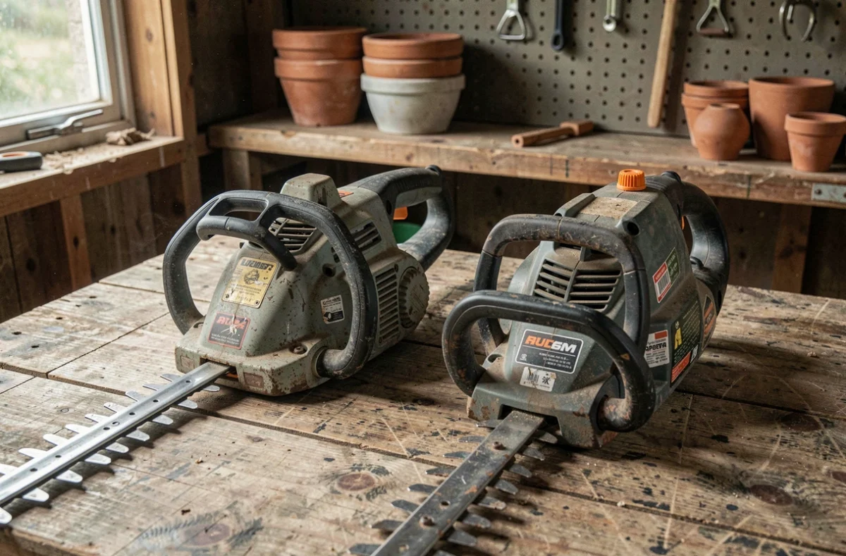 Comparaison de deux taille-haies électriques posés sur un établi en bois dans un atelier de jardin