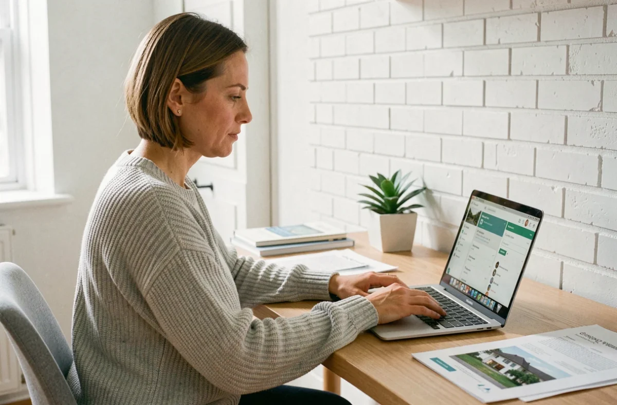 Femme connectée à son espace utilisateur immobilier en ligne depuis son bureau à domicile