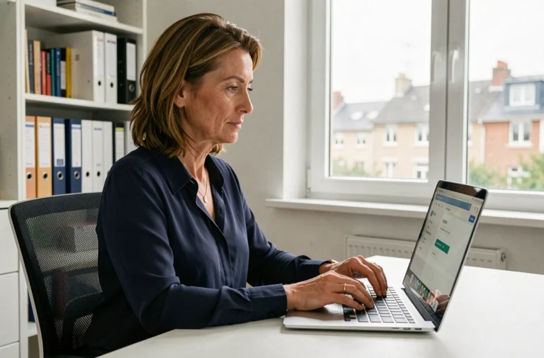 Femme professionnelle se connectant au webmail de Créteil sur un ordinateur portable dans un bureau administratif
