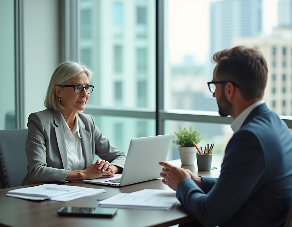 Une femme proche de la retraite consulte un conseiller financier pour calculer son solde de tout compte dans un bureau moderne