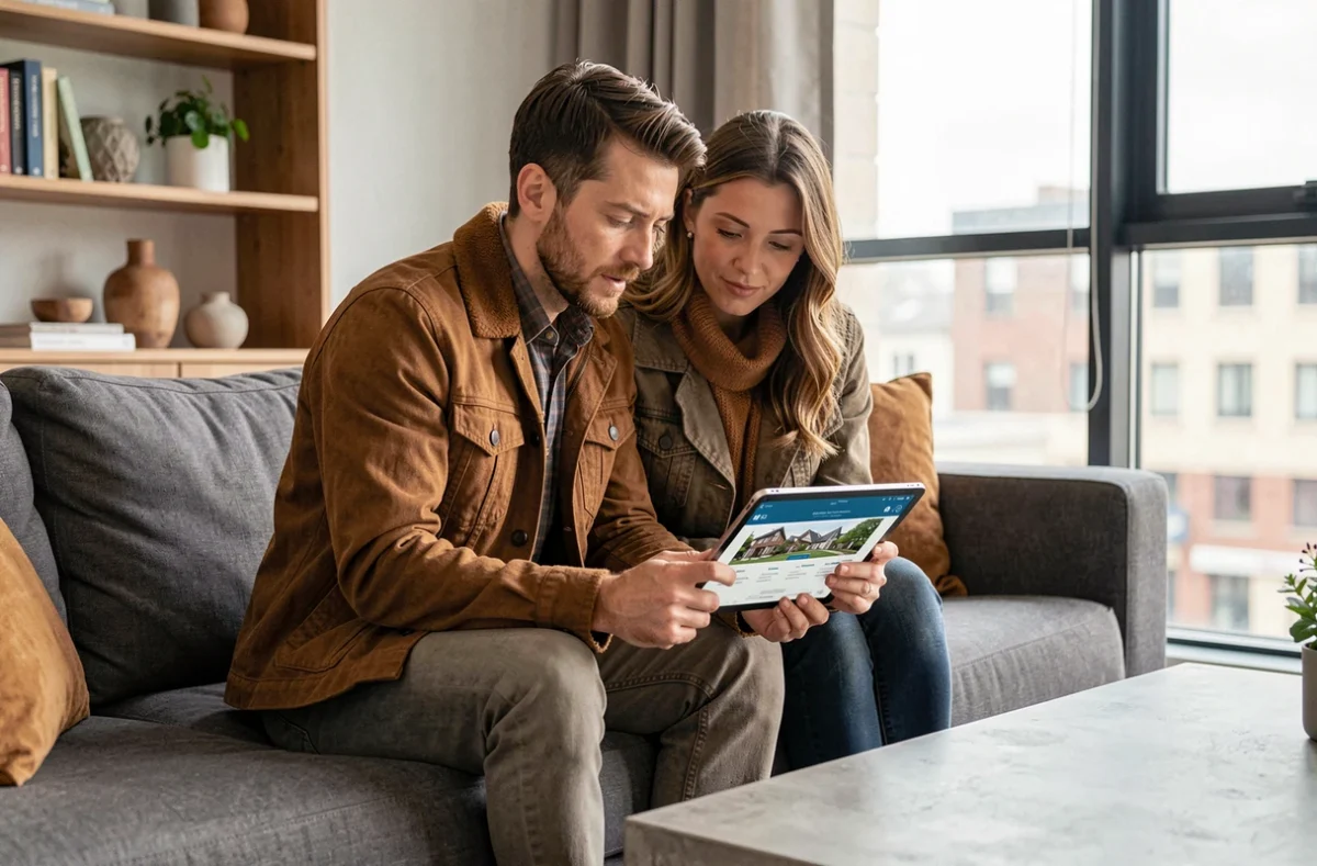 Couple consultant leur espace immobilier en ligne sur une tablette dans leur salon