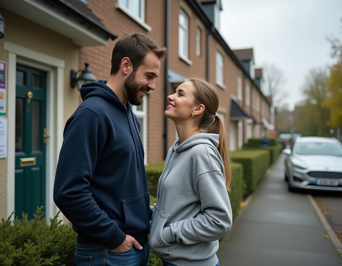 Couple examinant une annonce de location affichée devant un immeuble résidentiel en milieu urbain