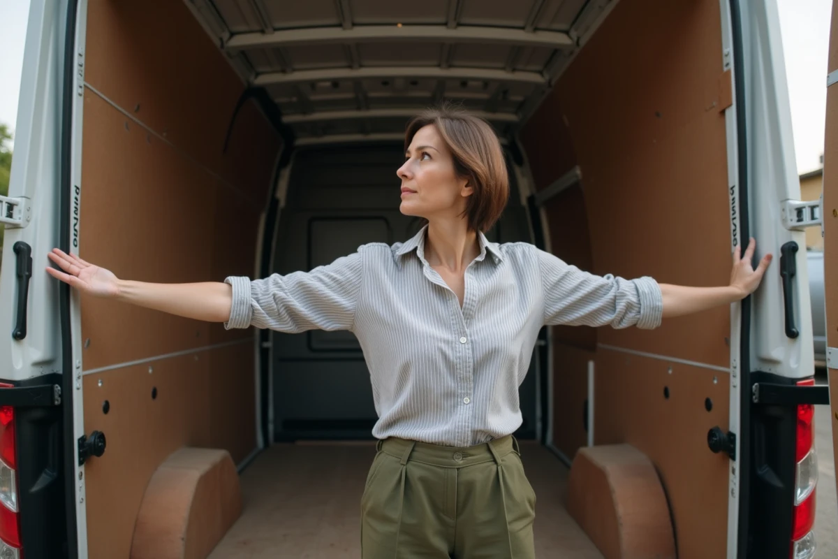 Femme évaluant les dimensions intérieures d'une camionnette 6m3 pour transporter un canapé