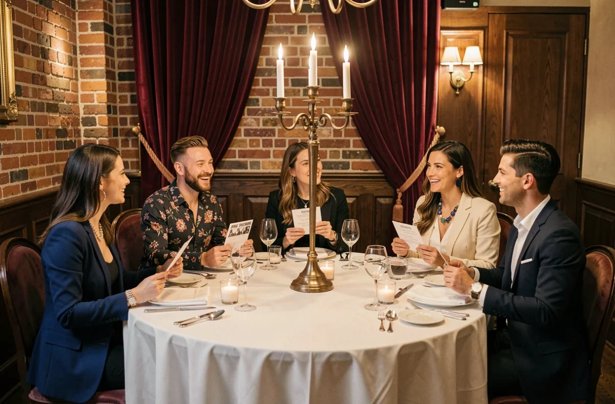 Groupe d'amis jouant à un dîner murder mystery interactif dans une salle au décor vintage théâtral