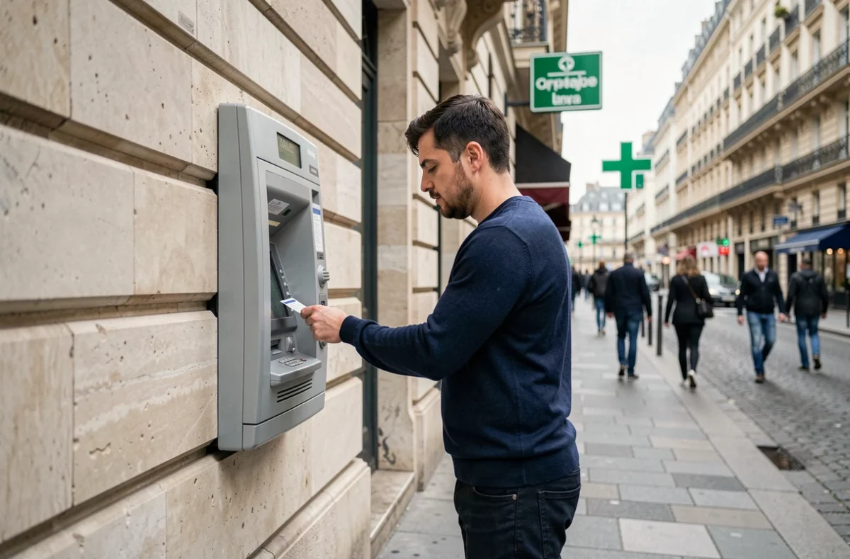 Homme retirant des espèces à un distributeur automatique encastré dans un mur en pierre typique de Paris
