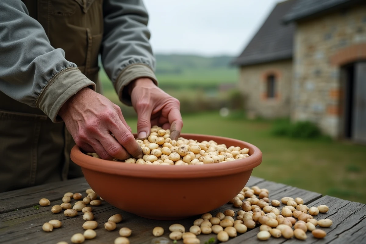Mains d'un agriculteur écossant des haricots coco de Paimpol frais dans un bol en terre cuite dans une ferme bretonne