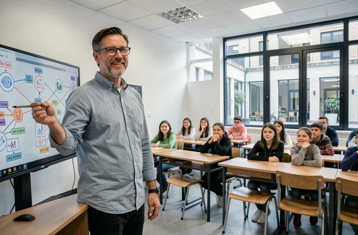 Enseignant utilisant un tableau interactif numérique en classe, innovation pédagogique dans l'éducation moderne