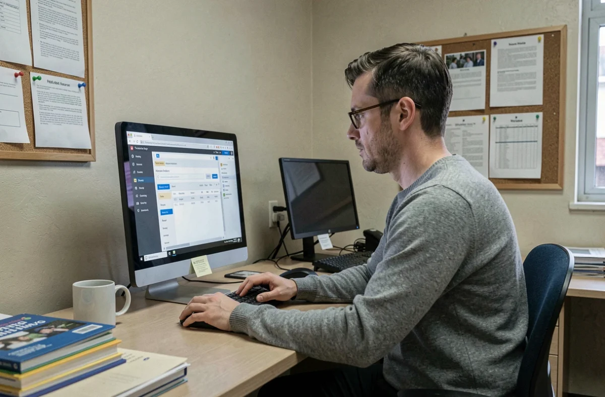 Enseignant consultant sa messagerie webmail académique de Créteil dans une salle des professeurs