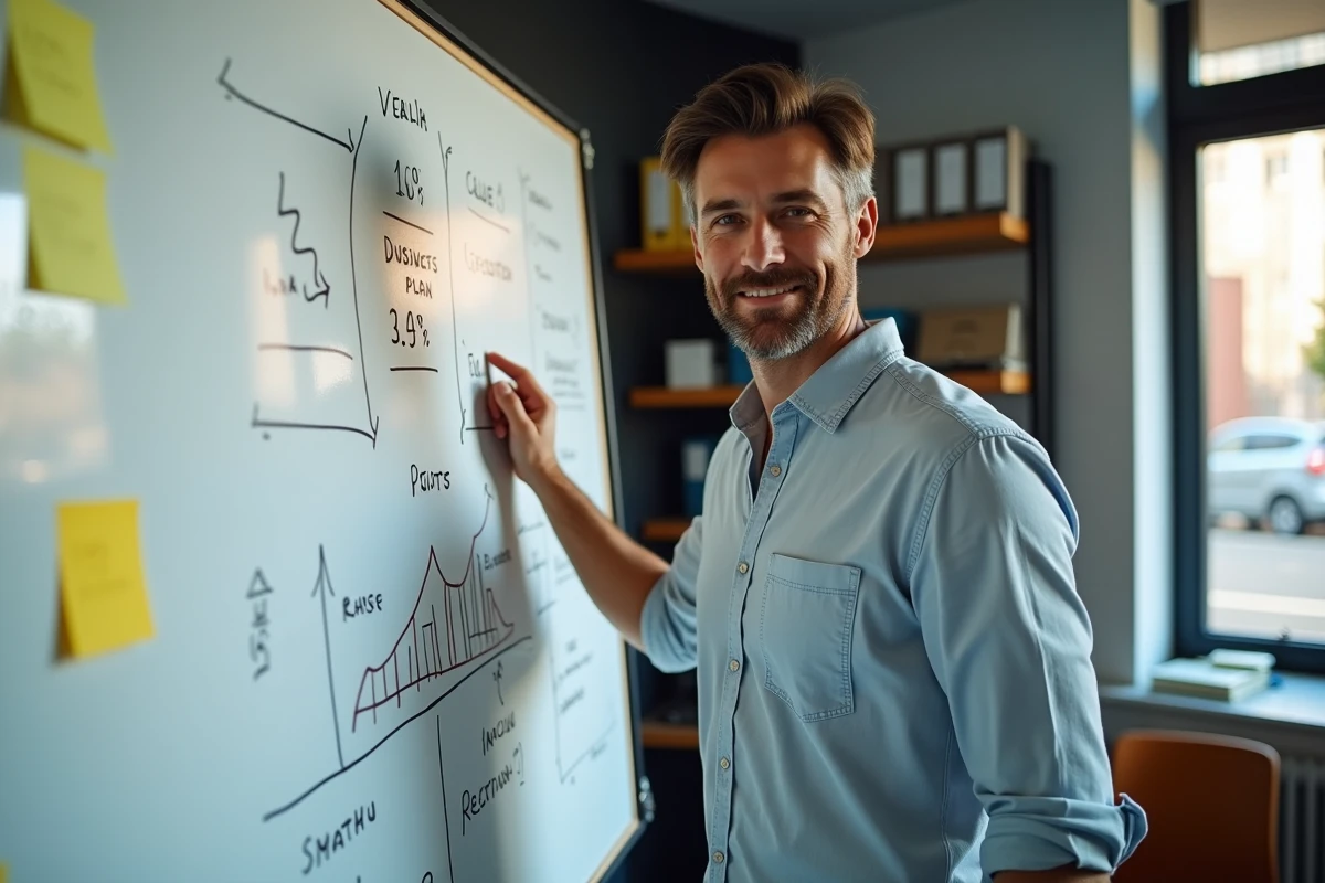 Entrepreneur masculin présentant un plan d'affaires sur un tableau blanc dans un bureau de startup pour obtenir une subvention