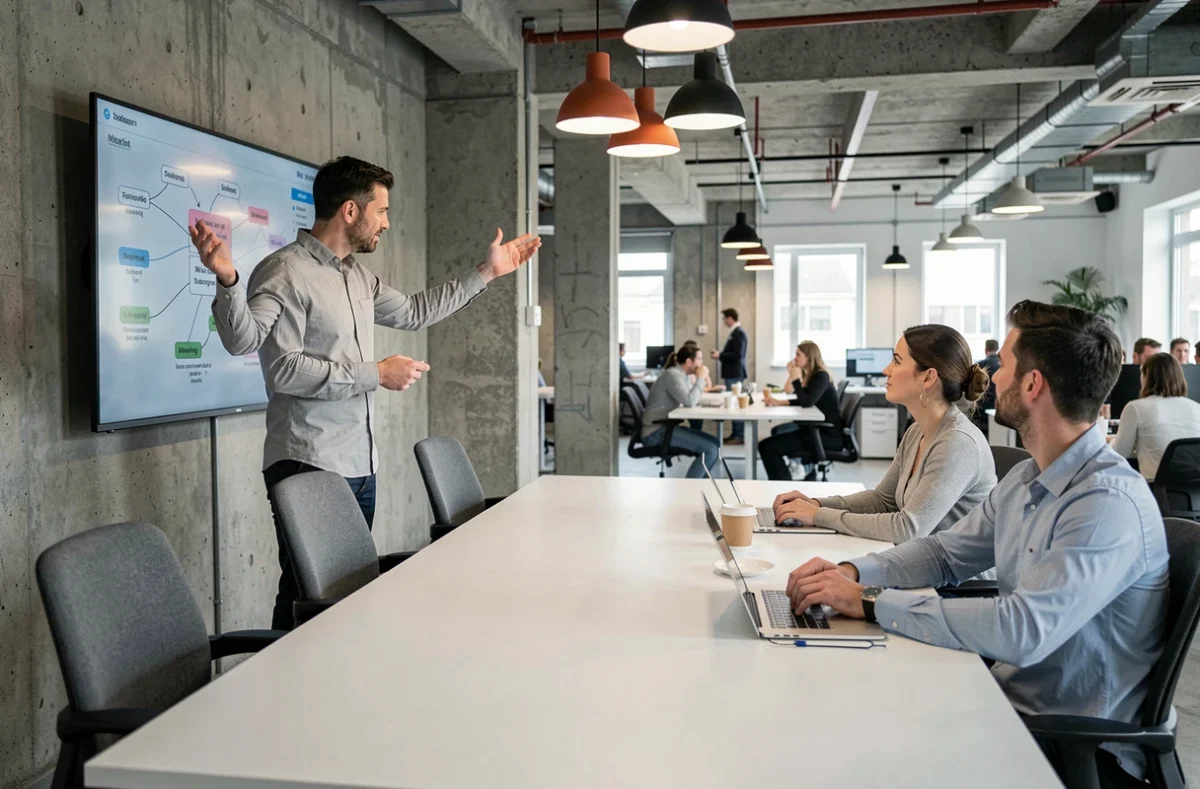 Entrepreneur présentant une stratégie digitale à des collègues dans un espace de coworking moderne