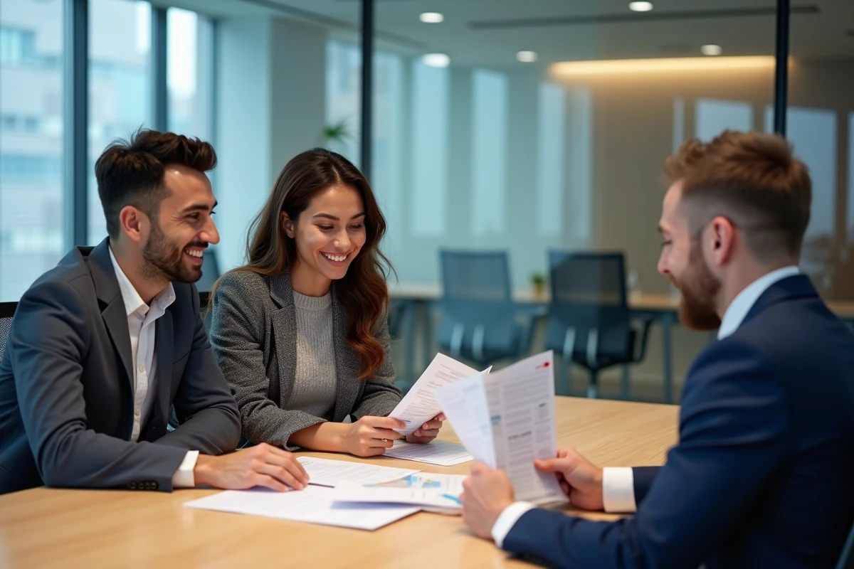 Deux entrepreneurs consultant un conseiller financier pour obtenir une subvention à la création d'entreprise dans une salle de réunion professionnelle