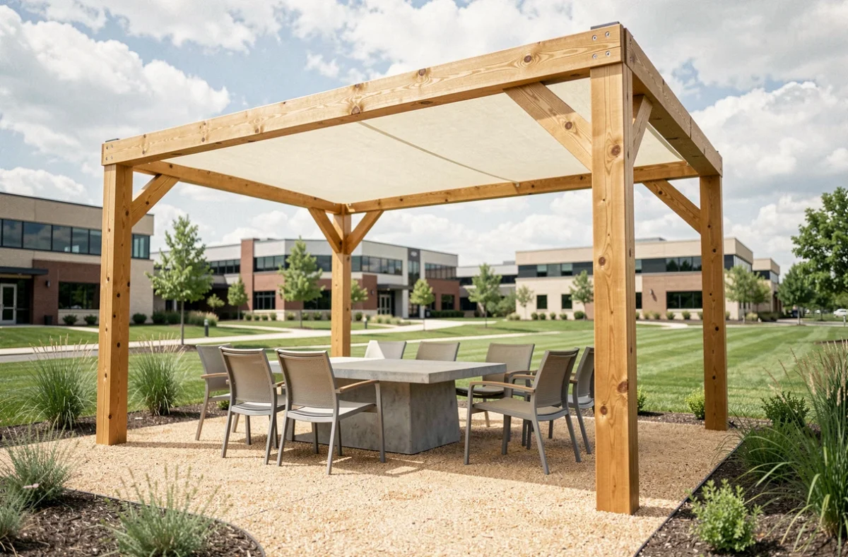 Espace de réunion extérieur professionnel avec pergola en chêne et toile tendue dans un parc d'affaires, entouré de plantations basses et d'un chemin en gravier décomposé