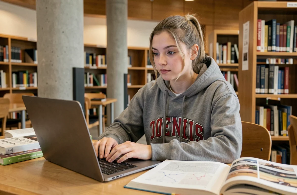 Étudiante travaillant sur un ordinateur portable dans une bibliothèque universitaire moderne, santé et éducation