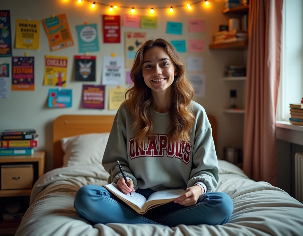 Étudiante organisant son agenda de soirées et d'événements dans sa chambre universitaire décorée d'affiches