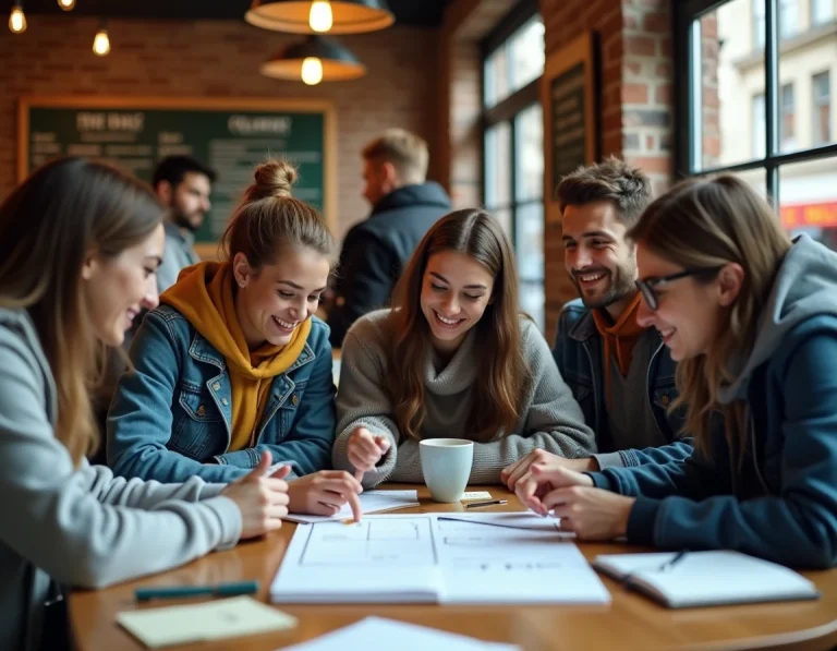 Groupe d'étudiants planifiant leurs soirées et événements autour d'un agenda partagé dans un café animé