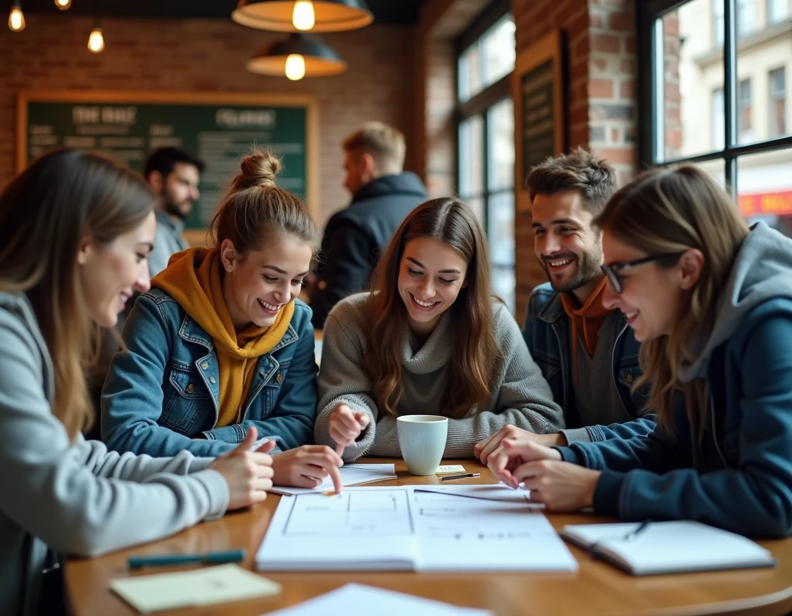 Groupe d'étudiants planifiant leurs soirées et événements autour d'un agenda partagé dans un café animé