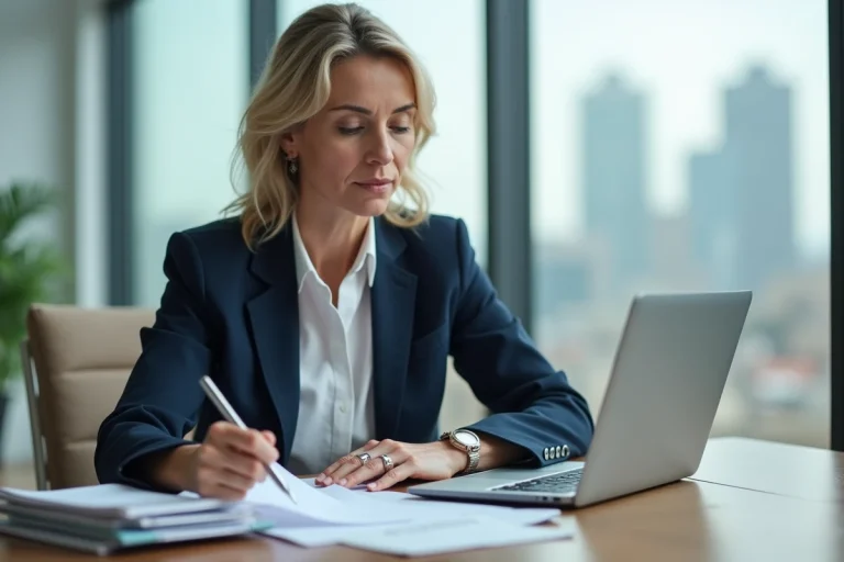 Femme d affaires en bureau moderne avec documents financiers