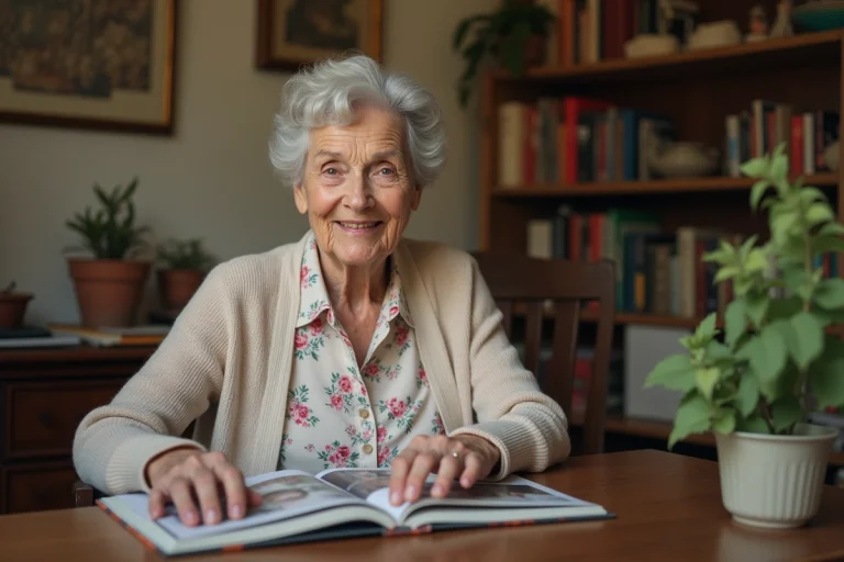 Femme âgée de 90 ans feuilletant un album photo dans son appartement parisien