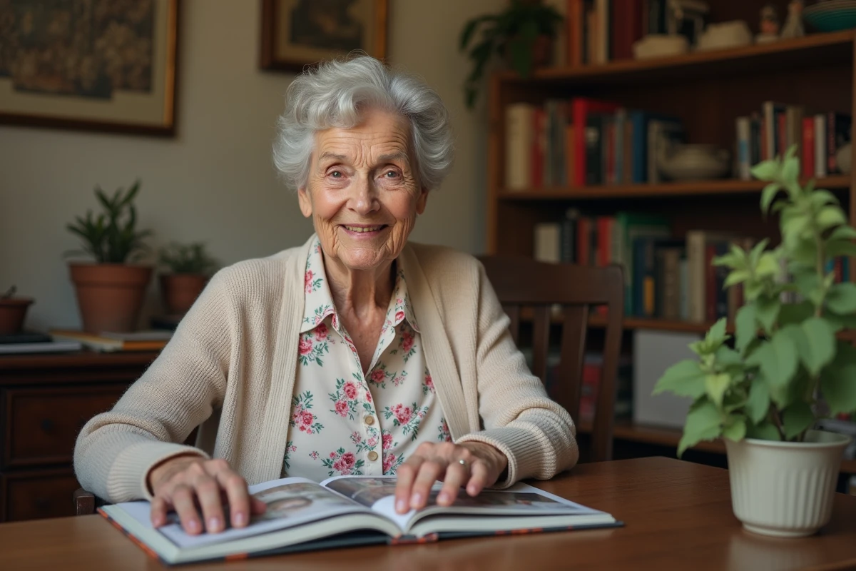 Femme âgée de 90 ans feuilletant un album photo dans son appartement parisien