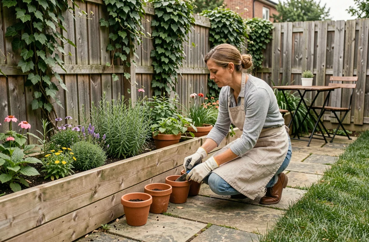Femme aménageant un jardin avec des jardinières en bois et des pots en terre cuite le long d'un chemin en pierre