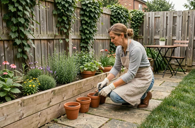 Femme aménageant un jardin avec des jardinières en bois et des pots en terre cuite le long d'un chemin en pierre
