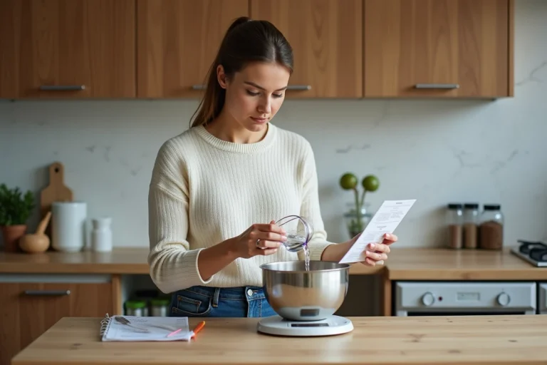 Femme concentrée versant de l'eau dans un bol en cuisine
