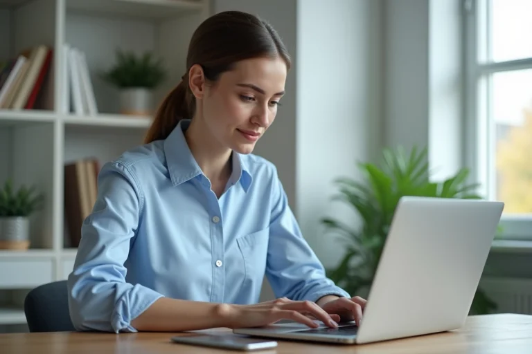 Femme en train d'envoyer un email au support Avast depuis son bureau à domicile